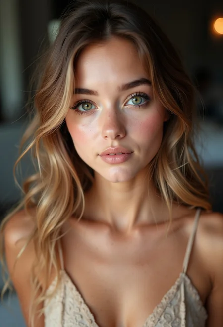 A stunning 18 year old girl with unnaturally large captivating eyes, an incredibly cute face, perfect pale skin, and visible cleavage.