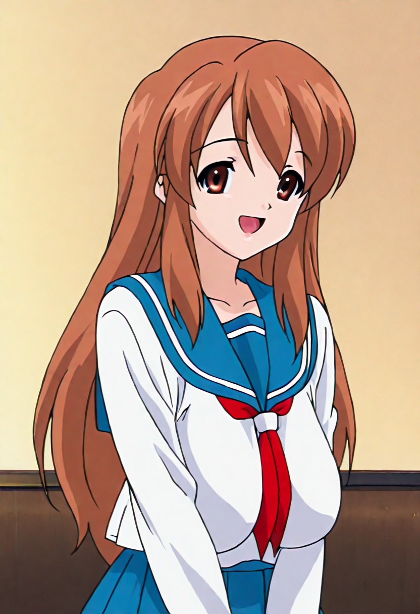 anime coloring, anime screencap, Mikuru Asahina, 1girl, solo, asahina mikuru, winter uniform, solo, school uniform, blue sailor collar, sailor collar, serafuku, blue skirt, skirt, long sleeves, looking at the viewer, mouth open, smile, :D, vry_lb,very long breasts, sagging breasts, thin breasts,huge breasts
