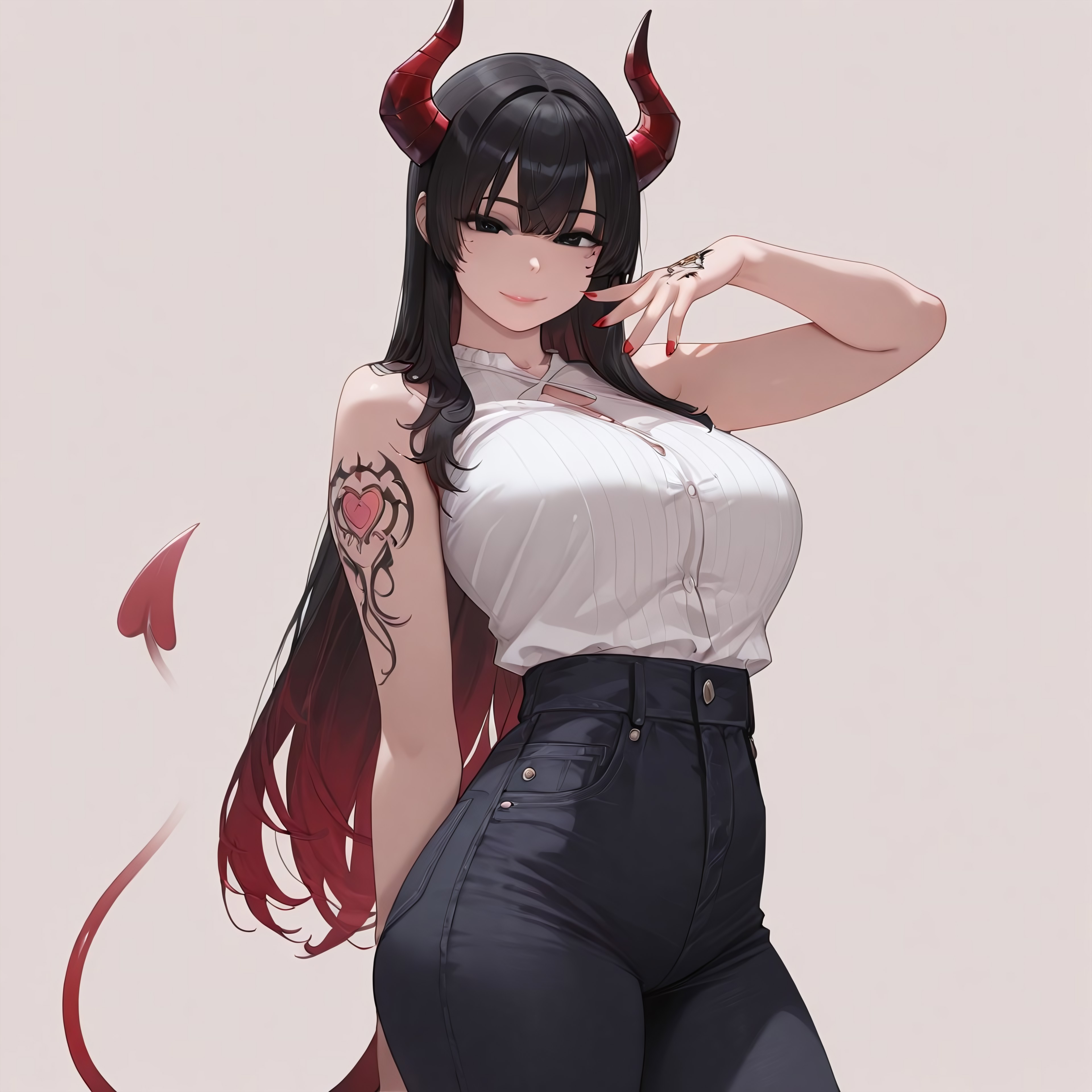 masterpiece, best quality, amazing quality, absurdres, 1girl, elegant casual outfit, white blouse, dark jeans, stylish jacket, arm tattoo, hand tattoo, black eyes, black hair, long hair, large breasts, slim waist, demon girl, red horns, red tail, demon horns, demon tail, heterochromia, nail polish, red nails, looking at viewer, soft smile, mole, mole under eye, fashion pose, standing pose, natural light, simple background, solo, tail, tattoo, high quality, realistic shading, low angle view

