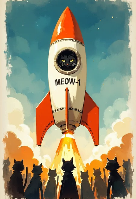 1960s retro illustration of a rocketship launching. Inside the small round window you see the face of a little black cat. The name on the side of the rocket is MEOW-1.
many cats are cheering for him. It is a joyous occasion.