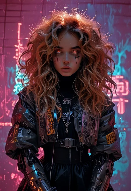 score_7_up, (score_9:1.1), (ugly:0.9),(pretty:1.4),1woman, adult, realistic, realism, hyper realistic, sparkling hair, floaty hair, wavy hair, (soft light coloured hair:1.3), (red iris, glowing iris, neon white pupils:1.3), looking at viewer, big hair, huge afro, zero gravity hair, detailed, perfect, perfection, hands, big scar across face,
BREAK,
((extra_puffy_jacket, black skirt, glossy lips, shiny skin)), full lips, hands behind back, (upper body:1.9), blocky shape cybernetics, cybernetics, cybernetic skin, raised eyebrow, pale skin, ((snub nose:1.4)), breasts, (prominent abs:1.1), focus upper body, sweating,
BREAK,
(neon background, future slums, neon, cybernetic background, mist:1.3),(cybernetic mechanical arm, prosthesis:1.3),