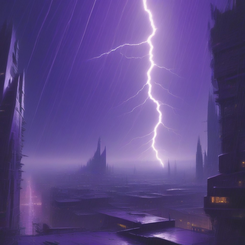 symphtia-style, masterpiece, best quality, absurdres, vibrant, highly detailed, very aesthetic, volumetric lightning, cityscape, futuristic european architecture, (futuristic theme:1.2), night, polluted atmosphere, sunset, dark clouds cover, heavy rain, thunder, purple lightnings