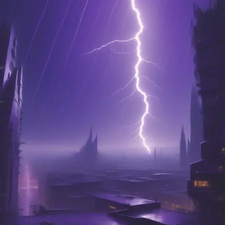 symphtia-style, masterpiece, best quality, absurdres, vibrant, highly detailed, very aesthetic, volumetric lightning, cityscape, futuristic european architecture, (futuristic theme:1.2), night, polluted atmosphere, sunset, dark clouds cover, heavy rain, thunder, purple lightnings