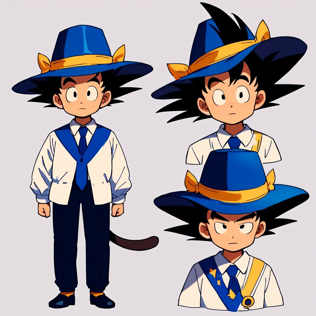 score_7_up, score_8_up, score_9, masterpiece, (1boy, solo,)perfect face, perfect hands, high quality, source_anime, son goku, black hair, black eyes, spiked hair, monkey tail, male child,(chibi), blue headwear, hat, formal, blue suit, white shirt, collared shirt, spiked hair, blue necktie, shoes, standing, front view,  cartoon, t pose, plain background, smile