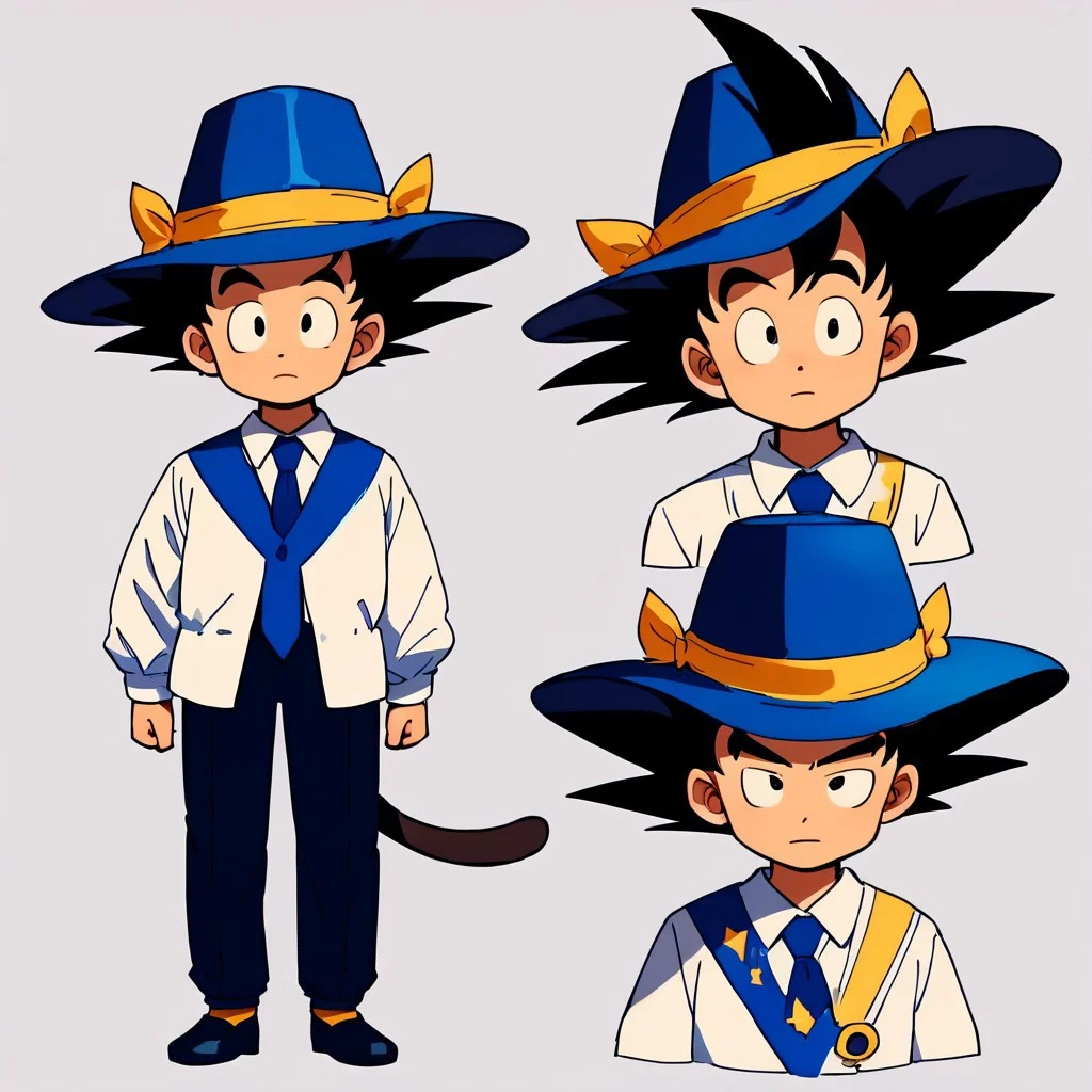 score_7_up, score_8_up, score_9, masterpiece, (1boy, solo,)perfect face, perfect hands, high quality, source_anime, son goku, black hair, black eyes, spiked hair, monkey tail, male child,(chibi), blue headwear, hat, formal, blue suit, white shirt, collared shirt, spiked hair, blue necktie, shoes, standing, front view, cartoon, t pose, plain background, smile
