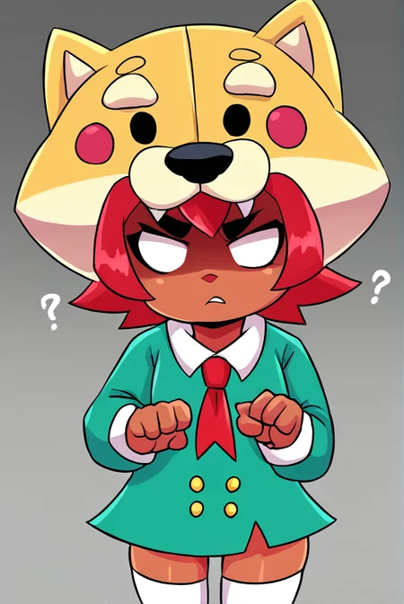 score_9, score_8_up, score_7_up, <lora:shinita:1> shinita , 1 girl , dark-skinned female, red hair, no pupils, green dress ,long sleeves, solo ,white thighhighs, red ribbon, shaded face, ,dog headwear , confused, looking at viewer, randoseru, heart, <lora:torule_style:1>torule style ,by torule ,