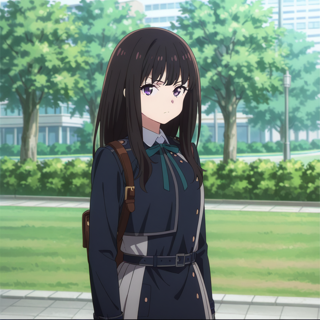 nsfw, masterpiece,best quality,amazing quality,1girl, solo, lycoris_recoil_takina_lnoue, black hair, purple eyes, long hair, standing, lycoris uniform, dress, bangs, collared shirt, ribbon, looking at viewer, neck ribbon, green ribbon, belt, school uniform, blue belt,  closed mouth, long sleeves,  park, <lora:Takina_Inoue_-_Lycoris_Recoil:0.7>