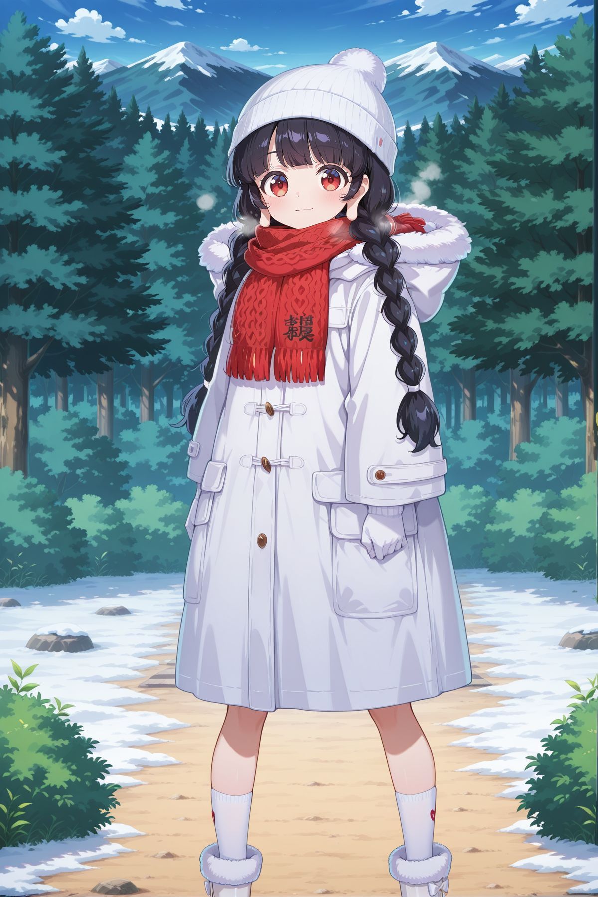 absurdres, highres, masterpiece, best quality, amazing quality, official anime artwork, screencap, anime screencap, outdoors, looking at viewer, light smile, dynamic pose,
<lora:Narumi-Yatadera_Illustrious:1> yatadera narumi, 1girl, solo, red eyes, black hair, long hair, twin braids, long earlobes,, yatadera narumi \( the magical jizou who manifested in the forest\), alternate costume, alternate headwear, beanie, white hat, fur-trimmed hood, hooded coat, white coat, long sleeves, plaid scarf, red scarf, white gloves, pocket, white socks, white boots, fur-trimmed boots, footwear bow, white bow,
winter, snow, mountain,