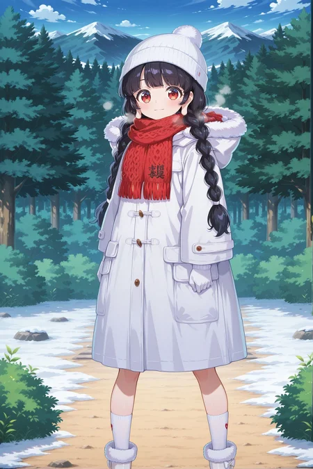 absurdres, highres, masterpiece, best quality, amazing quality, official anime artwork, screencap, anime screencap, outdoors, looking at viewer, light smile, dynamic pose,
<lora:Narumi-Yatadera_Illustrious:1> yatadera narumi, 1girl, solo, red eyes, black hair, long hair, twin braids, long earlobes,, yatadera narumi \( the magical jizou who manifested in the forest\), alternate costume, alternate headwear, beanie, white hat, fur-trimmed hood, hooded coat, white coat, long sleeves, plaid scarf, red scarf, white gloves, pocket, white socks, white boots, fur-trimmed boots, footwear bow, white bow,
winter, snow, mountain,