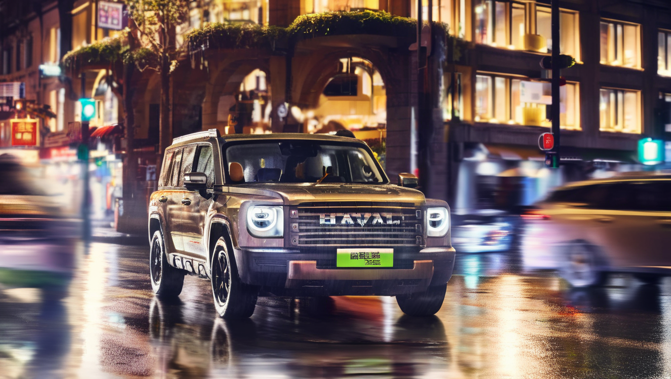 a close-up of a gold Menglong B26 in the frontend view driving down a wet city street at night, with a coffee shop and a brew lane coffee shop in the background.. photo, realistic <lora:sdxl_menglong_b26_9_16:1.0>