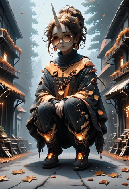 score_9, score_8_up, score_7_up,
Color digital painting with anime influences
Slightly low angle looking up at the woman, subtly emphasizing her presence
* Warm and soft lighting
* Light filters through trees, creating dappled shadows and highlights on ground and clothing
* Sunny autumn day suggested by the lighting
**Composition Style:** Three-quarter view focusing on the woman from thighs up
* Young woman with a unicorn horn is relaxed, demure posture
* Legs together, body slightly angled towards viewer
* One hand lightly touching her hair
* Long, dark hair with streak of orange
* Large, round, gold-rimmed glasses and small, dangling earrings
* Oversized, off-the-shoulder sweater with horizontal orange and cream stripes
* Thigh-high striped socks in orange and black
* Fallen autumn leaves scattered on ground around her
* Warm palette of oranges, browns, and yellows dominating the image
* Blues and greens used in background for sky and trees
* Autumnal colors reflect the seasonal setting
* Detailed depiction of street or path lined with trees shedding autumn leaves
* Elements of building and discarded wooden structures visible in background
* Background uses perspective and atmospheric details
WORLD MORPH MATCHES, FIRE, monochrome, glow, neon, asdfm3cha