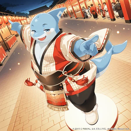 intricate textures, luminous lighting, cinematic ambiance, shimmering gradients, ethereal glow, deep contrast, soft volumetric fog, subtle particles, radiant reflections, rich color tones, detailed background, high quality, masterpice, best quality, t-noto, dolphin boy, male focus, 1boy, chubby, dancing, japanese clothes, japanese belt, nu carnival, fire around, dutch angle, dynamic pose, dynamic angle, black pants, white footwear, red-white clothes, <lora:noto-v2-10:1> outdoors, festival, from above, pointing, half-closed eyes,