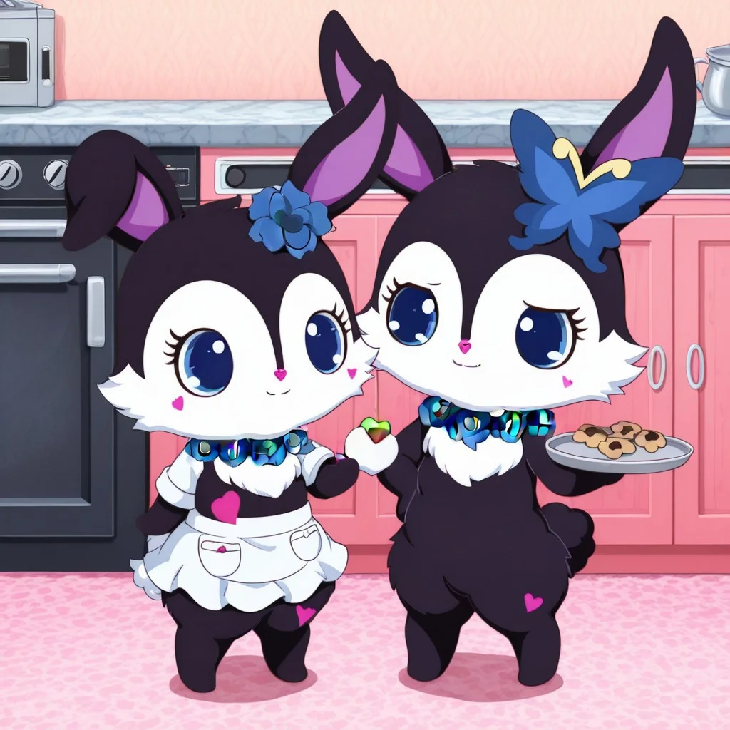 score_9, score_8_up, score_7_up, score_6_up, score_5_up,
best quality, masterpiece, smirks, Full Body, Romantic, Small Body, Furry, looking_pleasured, duo, female/female, 2girls, kitchen, chefs hat, chefs shirt, chefs skirt, rubyjp, no humans, rabbit, chibi, furry, hair ornament, necklace, jewelry, chest fur, white fur, holding cookie, looking at partner, luea, feral, blue eyes, rabbit, furry, rabbit ears, black fur, purple inner ear, white chest fur, white face, chibi, body fur, (blue butterfly hair ornament), (blue rose necklace), carry tray full of cookie,
