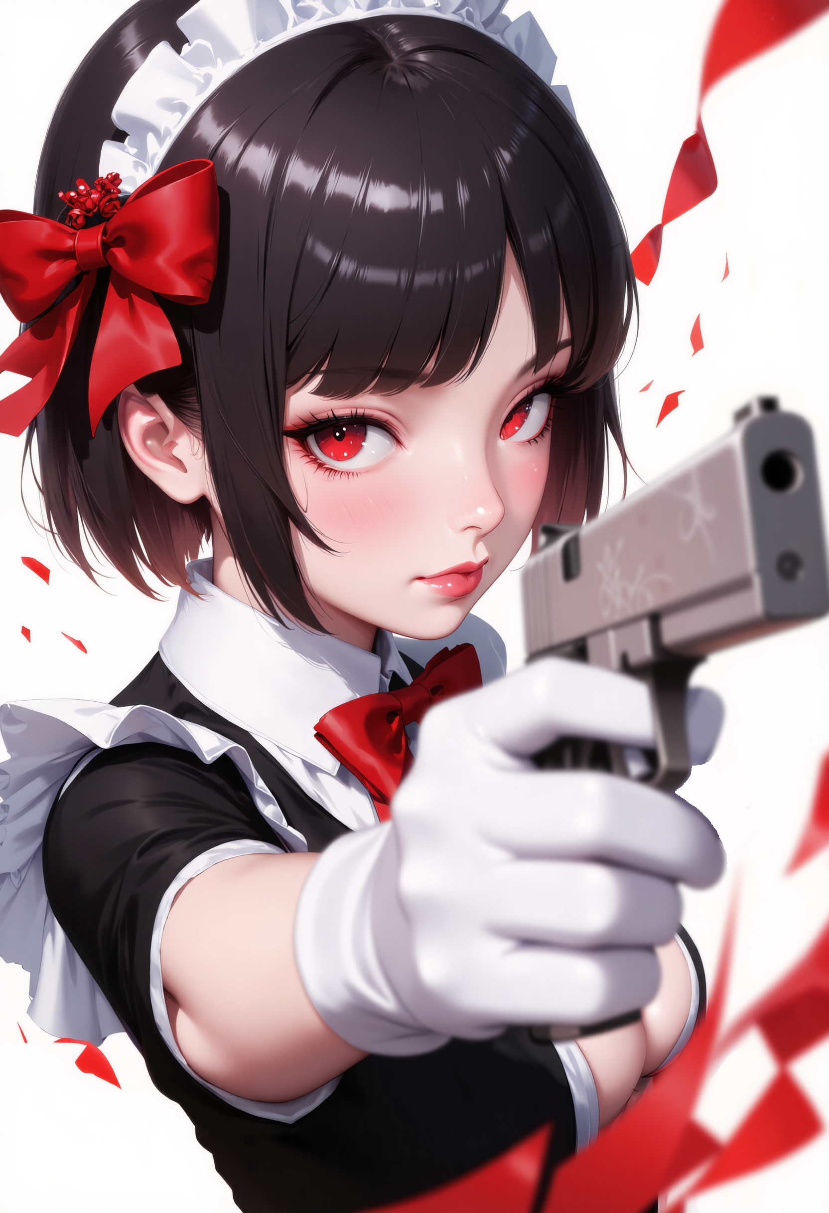 8k Midjouney Anime Style, illustrious style, 1girl,close up, weapon, slit pupils, red eyes, eye trail, solo, holding,aiming at viewer, gun, bob cut, swept bangs, black hair, red lipstick, light makeup, looking at viewer, rubis engraving, marble weapon, holding handgun, bangs, petals, medium breasts, cleavage, maid clothes, flower, closed mouth, red bow, maid headdress, rubis hair flower, upper body,limited palette,dynamic action, gloves, blurry, depth of field, white gloves, dynamic pose, dynamic composition,dutch angle, depth of field,white_theme,detailed backgroud,foreshortening,blurry edges, <lora:Hand v2:0.97> <lora:8k Midjouney Anime Style:0.90> <lora:flux_illustriousXL_v2-rev18:0.50> <lora:Halftone_Flux:0.75>