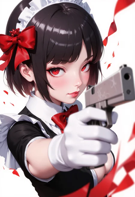 8k Midjouney Anime Style, illustrious style, 1girl,close up, weapon, slit pupils, red eyes, eye trail, solo, holding,aiming at viewer, gun, bob cut, swept bangs, black hair, red lipstick, light makeup, looking at viewer, rubis engraving, marble weapon, holding handgun, bangs, petals, medium breasts, cleavage, maid clothes, flower, closed mouth, red bow, maid headdress, rubis hair flower, upper body,limited palette,dynamic action, gloves, blurry, depth of field, white gloves, dynamic pose, dynamic composition,dutch angle, depth of field,white_theme,detailed backgroud,foreshortening,blurry edges, <lora:Hand v2:0.97> <lora:8k Midjouney Anime Style:0.90> <lora:flux_illustriousXL_v2-rev18:0.50> <lora:Halftone_Flux:0.75>