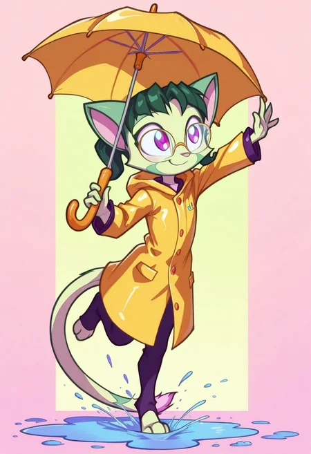 Dreamkeepers,1girl,prelude_lilith,solo,furry,tail,green hair, source_furry,glasses,magenta eyes,
child, kid,
in a frog-shaped raincoat holding a tiny umbrella, jumping into a puddle with a rainbow splash forming a heart shape, raincoat, umbrella, puddle, jumping, splash, rainbow, heart_shape, smile, happy, cute, short_hair, outdoor, playful, pastel_colors, simple_background