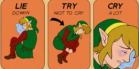 link, m3m3, comic, english text, arrow \(symbol\), eyes closed, tears, fetal position <lora:MEME-TNTC:0.85> <lora:cdiStyleSDXL:0.8>