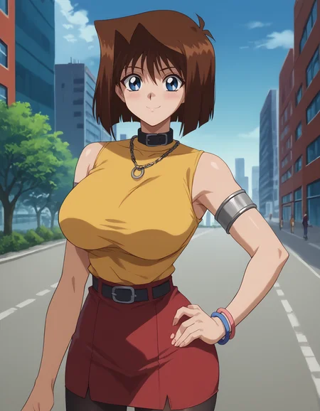<lora:Anzu_MazakiPonyXL:0.7>, score_9, score_8_up, score_7_up, score_6_up, source_anime, anime screencap, BREAK, uncensored, brown hair, short hair, blue eyes, athletic sexy body, slim waist, huge breasts, anzumazakispe, yellow turtleneck shirt with black collar, sleeveless, red skirt,black belt, metal circle necklace, black thigh-high, black stockings, outdoors, city, sky, blush, smile, bracelets, one hand on hip, <lora:Anime_Screencap:1>, <lora:PerfectEyesXL:1>, <lora:thicc_v1.4-pony:1>, upper body, metal arm band