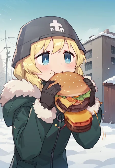 score_9, score_8_up, score_7_up, 1girl, Yuuri \(GLT\), anime screencap, blond, blue eyes, military helmet, military uniform, burger malfunction, eating, burger, upper body,  winter, snow, abandoned city, motion lines