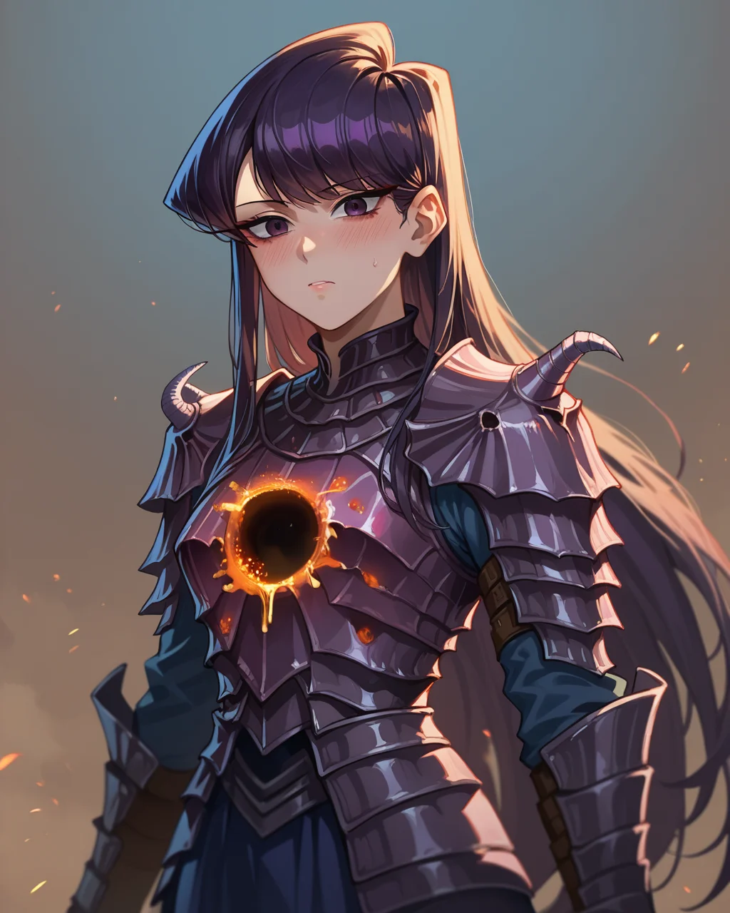 score_9, score_8_up, score_7_up, 1girl, source_anime, komi shouko, uper body, blush, ringedknight, armor, glowing, <lora:ringedknight:0.8>