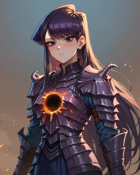 score_9, score_8_up, score_7_up, 1girl, source_anime, komi shouko, uper body, blush, ringedknight, armor, glowing, <lora:ringedknight:0.8>