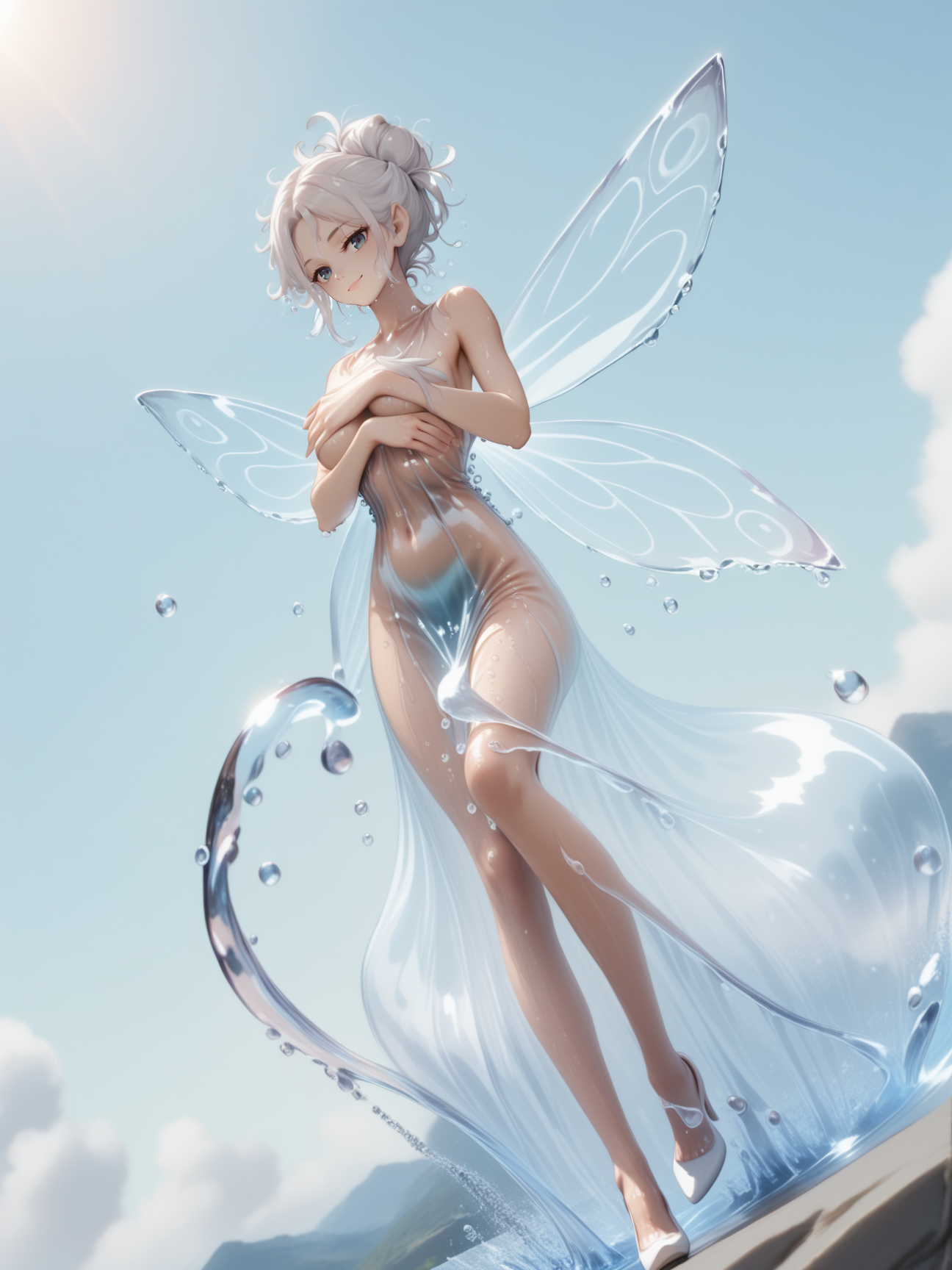 score_9, score_8_up, score_7_up, best quality, masterpiece, 4k, uncensored, perfect lighting, rating_explicit, very aesthetic, anime BREAK
woman wearing a water dress, <lora:water_dress-PD-1.0:1>
white hair, messy hair bun, water wings, water spirit, fairy wings,
large breasts,
blue background, water drops, splash, (glint), censored, (covering breasts), wet, wet hair, sky, sparkling water,
slight smile, looking at viewer, sexy, naughty face, full body, dutch angle, white heels