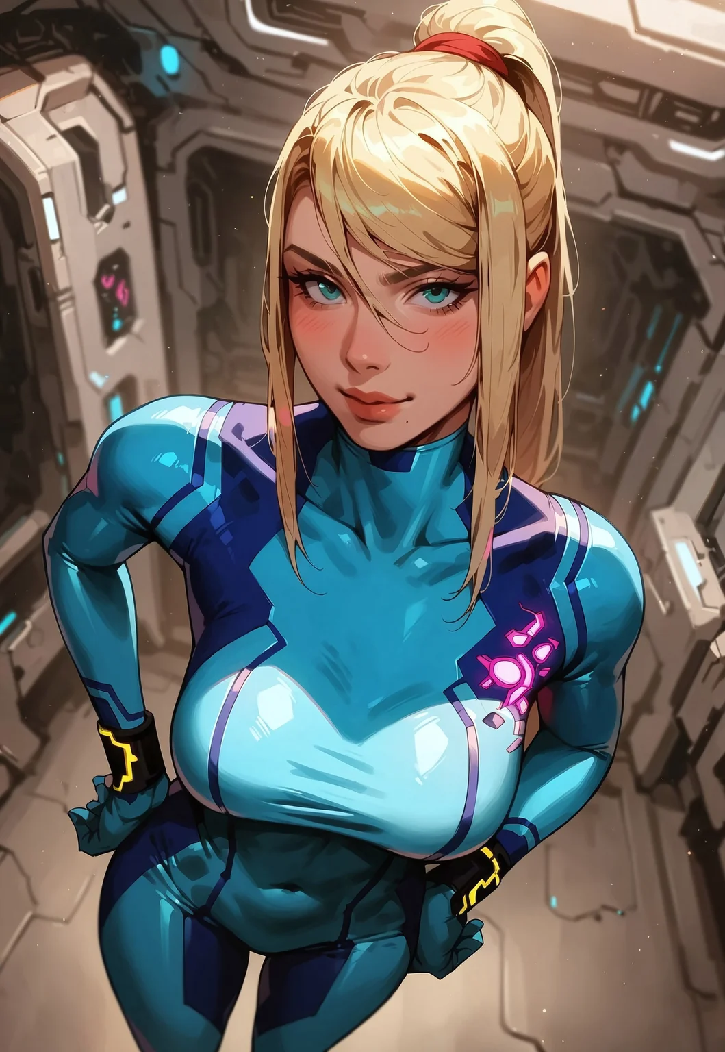safe_pos, score_9, score_8_up, score_7_up, 1girl, solo, defsamus, blonde hair, skintight, bodysuit, blue clothes, blue pants, slim fit, wide hips, hip dips, smile, hands on hips, spaceship, glowing, indoors, depth of field, looking at viewer, above view
