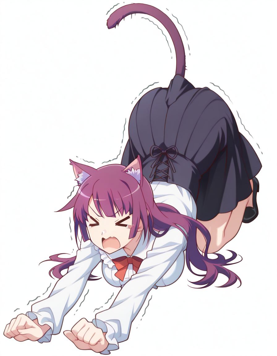 masterpiece, best quality, amazing quality,, <lora:hitagi-senjougahara-anime-illustriousxl-lora-nochekaiser:1>, hitagi senjougahara, bangs, long hair, blue eyes, purple hair, breasts, anime screencap, <lora:virgin-killer-outfit-illustriousxl-lora-nochekaiser:1>, virgin killer outfit, meme attire, high-waist skirt, center frills, frilled shirt, underbust, aran sweater, frilled shirt collar, red bowtie, frills, skirt,, <lora:cat-stretch-illustriousxl-lora-nochekaiser:1>, cat stretch, stretching, top-down bottom-up, all fours, arched back, closed eyes, cat tail, animal ears, tail ears, trembling,, >_<, open mouth, <lora:transparent-background-illustriousxl-lora-nochekaiser:1>, transparent background, simple background, white background, ,