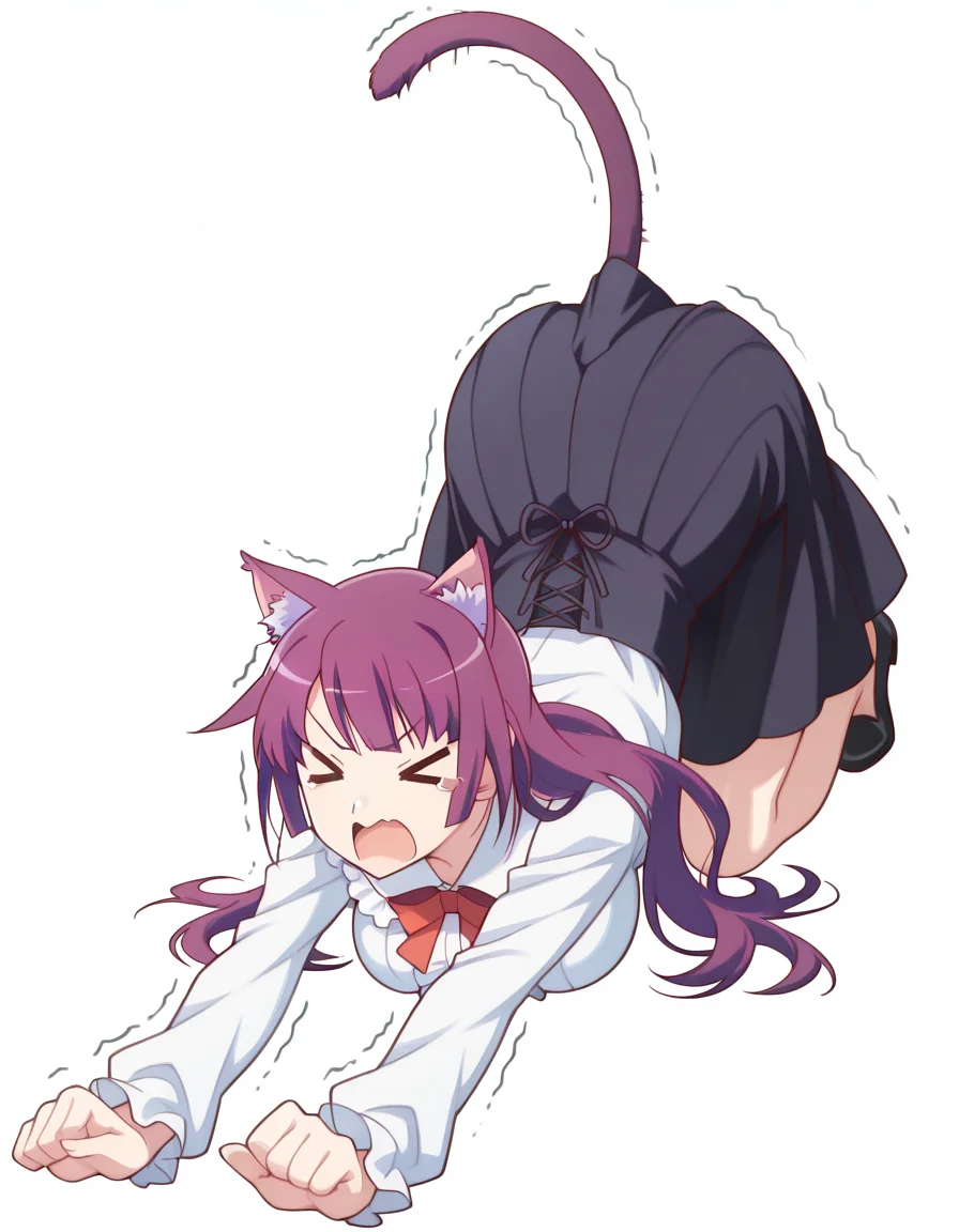 masterpiece, best quality, amazing quality,, <lora:hitagi-senjougahara-anime-illustriousxl-lora-nochekaiser:1>, hitagi senjougahara, bangs, long hair, blue eyes, purple hair, breasts, anime screencap, <lora:virgin-killer-outfit-illustriousxl-lora-nochekaiser:1>, virgin killer outfit, meme attire, high-waist skirt, center frills, frilled shirt, underbust, aran sweater, frilled shirt collar, red bowtie, frills, skirt,, <lora:cat-stretch-illustriousxl-lora-nochekaiser:1>, cat stretch, stretching, top-down bottom-up, all fours, arched back, closed eyes, cat tail, animal ears, tail ears, trembling,, >_<, open mouth, <lora:transparent-background-illustriousxl-lora-nochekaiser:1>, transparent background, simple background, white background, ,