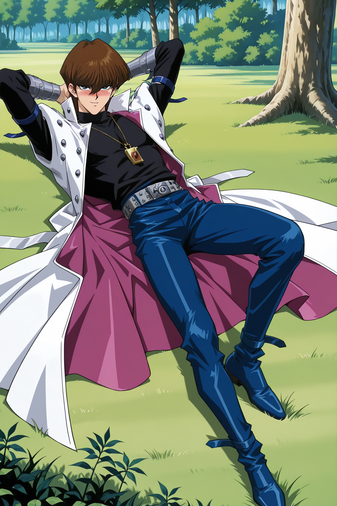 masterpiece,best quality,amazing quality, SetoKaibaYGOILXL, retro artstyle, 1boy, blue eyes, brown hair, short hair, hair between eyes, pectorals, turtleneck, white coat, open coat, black shirt, long sleeves, arm belt, necklace, guantlets, grey belt, blue pants, blue shoes, solo, full body, (lying on grass), on back, arms behind head, seductive smile, looking at viewer, naughty face, nose blush, forest, tree   <lora:SetoKaibaYGOILXL:1>