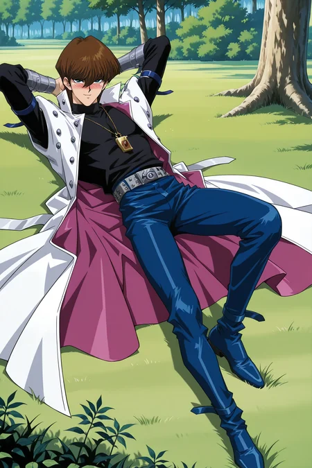 masterpiece,best quality,amazing quality, SetoKaibaYGOILXL, retro artstyle, 1boy, blue eyes, brown hair, short hair, hair between eyes, pectorals, turtleneck, white coat, open coat, black shirt, long sleeves, arm belt, necklace, guantlets, grey belt, blue pants, blue shoes, solo, full body, (lying on grass), on back, arms behind head, seductive smile, looking at viewer, naughty face, nose blush, forest, tree   <lora:SetoKaibaYGOILXL:1>