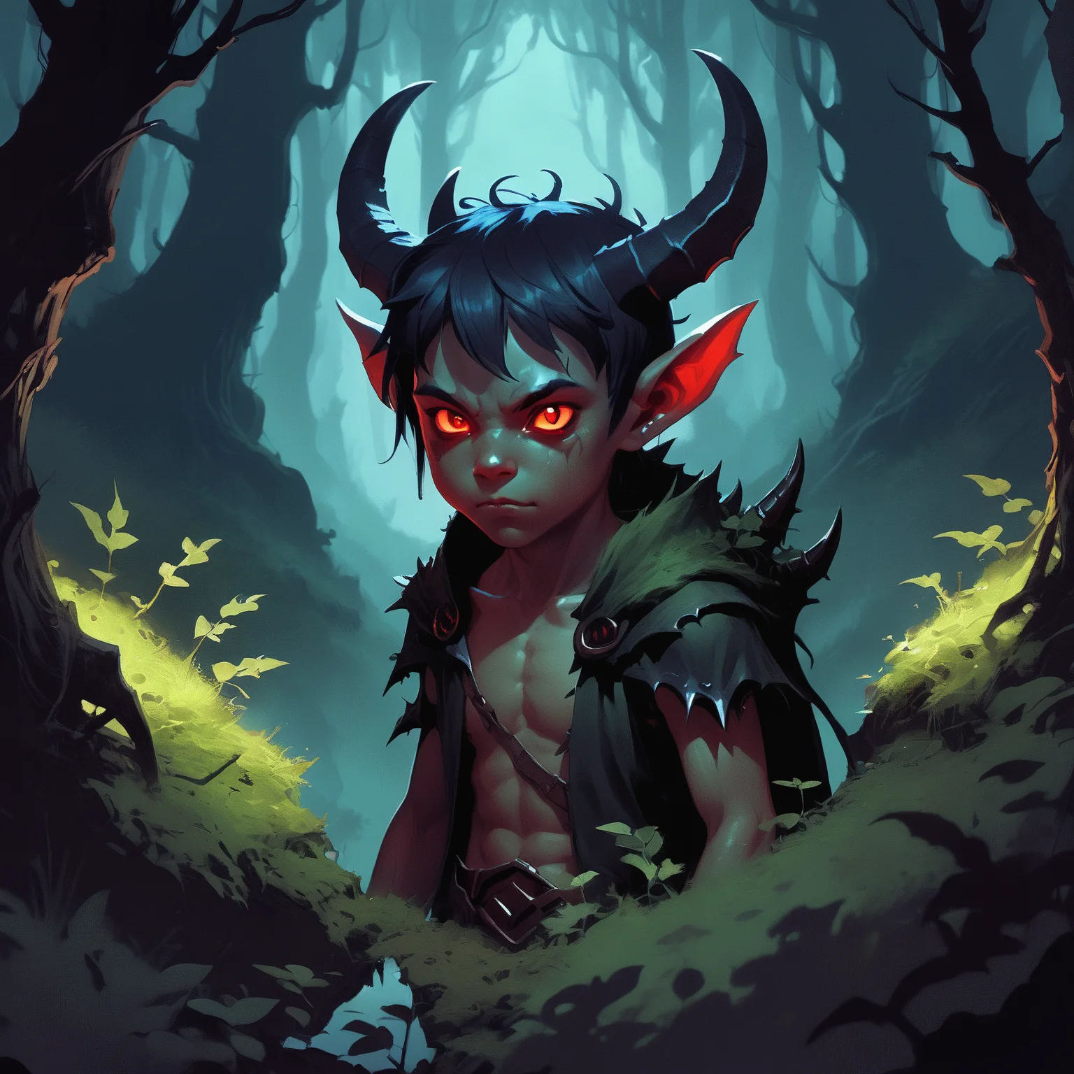 Small demon boy with small horns, in a forest at night, looking through bushes <lora:Andreas_Rocha-000007:0.6> Painted By Andreas Rocha