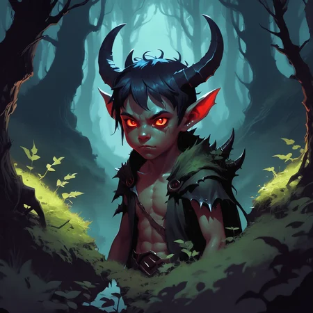 Small demon boy with small horns, in a forest at night, looking through bushes <lora:Andreas_Rocha-000007:0.6>  Painted By Andreas Rocha