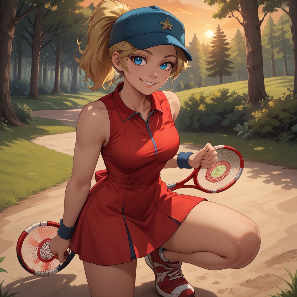 score_9, score_8, BREAK, solo, blonde hair, ponytail, cap, headwear, blue eyes, red short dress, sleeveless dress, wristband, red sneakers, Ashley_(Hot_Shots_Tennis), cute, sexy pose, self portrait, smile, outdoors, sunlight, shadows, evening lighting, natural lighting, forest, trees, grass, orange sky, sunset