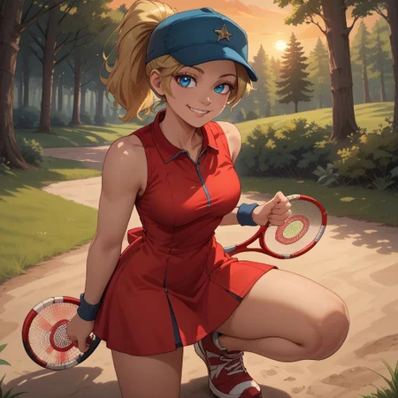 score_9, score_8, BREAK, solo, blonde hair, ponytail, cap, headwear, blue eyes, red short dress, sleeveless dress, wristband, red sneakers, Ashley_(Hot_Shots_Tennis), cute, sexy pose, self portrait, smile, outdoors, sunlight, shadows, evening lighting, natural lighting, forest, trees, grass, orange sky, sunset