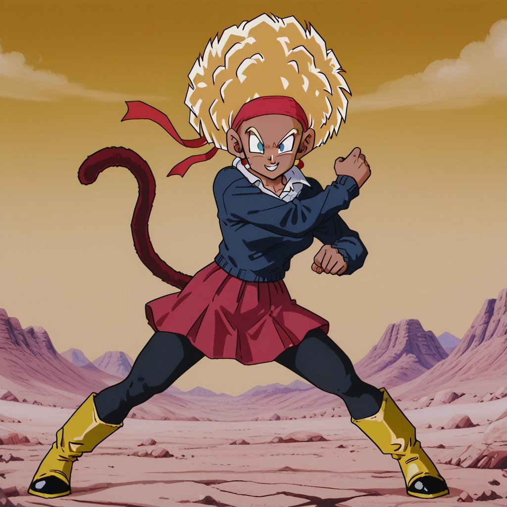 Rulah,1girl,Dark skin,afro hair,red headband,white shirt,dark blue sweater,red skirt with black lines,black leggings,yellow boots
Rulah transforming into a Super Saiyan. Spiky blonde hair, blue eyes, monkey tail. Alone, battle pose, electric aura. Desert background with mountains and rocks. Confident smile.
dynamic pose, dynamic and extreme perspective