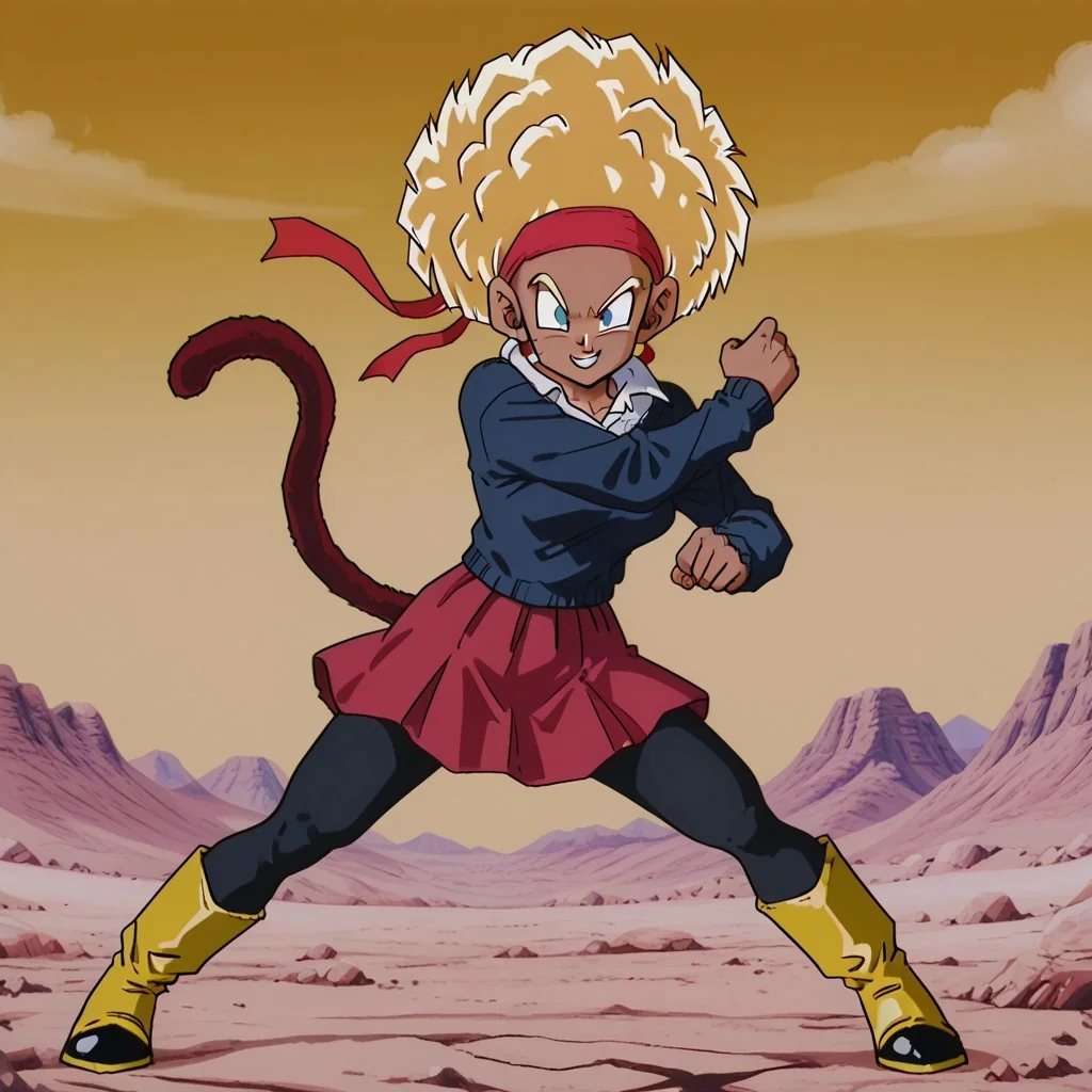 Rulah,1girl,Dark skin,afro hair,red headband,white shirt,dark blue sweater,red skirt with black lines,black leggings,yellow boots
Rulah transforming into a Super Saiyan. Spiky blonde hair, blue eyes, monkey tail. Alone, battle pose, electric aura. Desert background with mountains and rocks. Confident smile.
dynamic pose, dynamic and extreme perspective