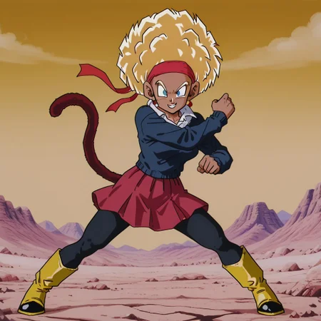 Rulah,1girl,Dark skin,afro hair,red headband,white shirt,dark blue sweater,red skirt with black lines,black leggings,yellow boots
Rulah transforming into a Super Saiyan. Spiky blonde hair, blue eyes, monkey tail. Alone, battle pose, electric aura. Desert background with mountains and rocks. Confident smile.
dynamic pose, dynamic and extreme perspective