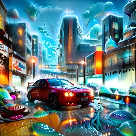 Rainy street in a city, city made of slime, buildings made of slime, cars made of slime, grey slime buildings, slime cars of multiple colors, night time city scape, night time, 
((translucent slime)), ((transparent slime)), (bioluminescent slime), sl1m3, slime, ais-blmn, watce, je11y, thickwater, great lighting, ral-lava, even lighting, no bright spots, overcast lighting, low brightness,