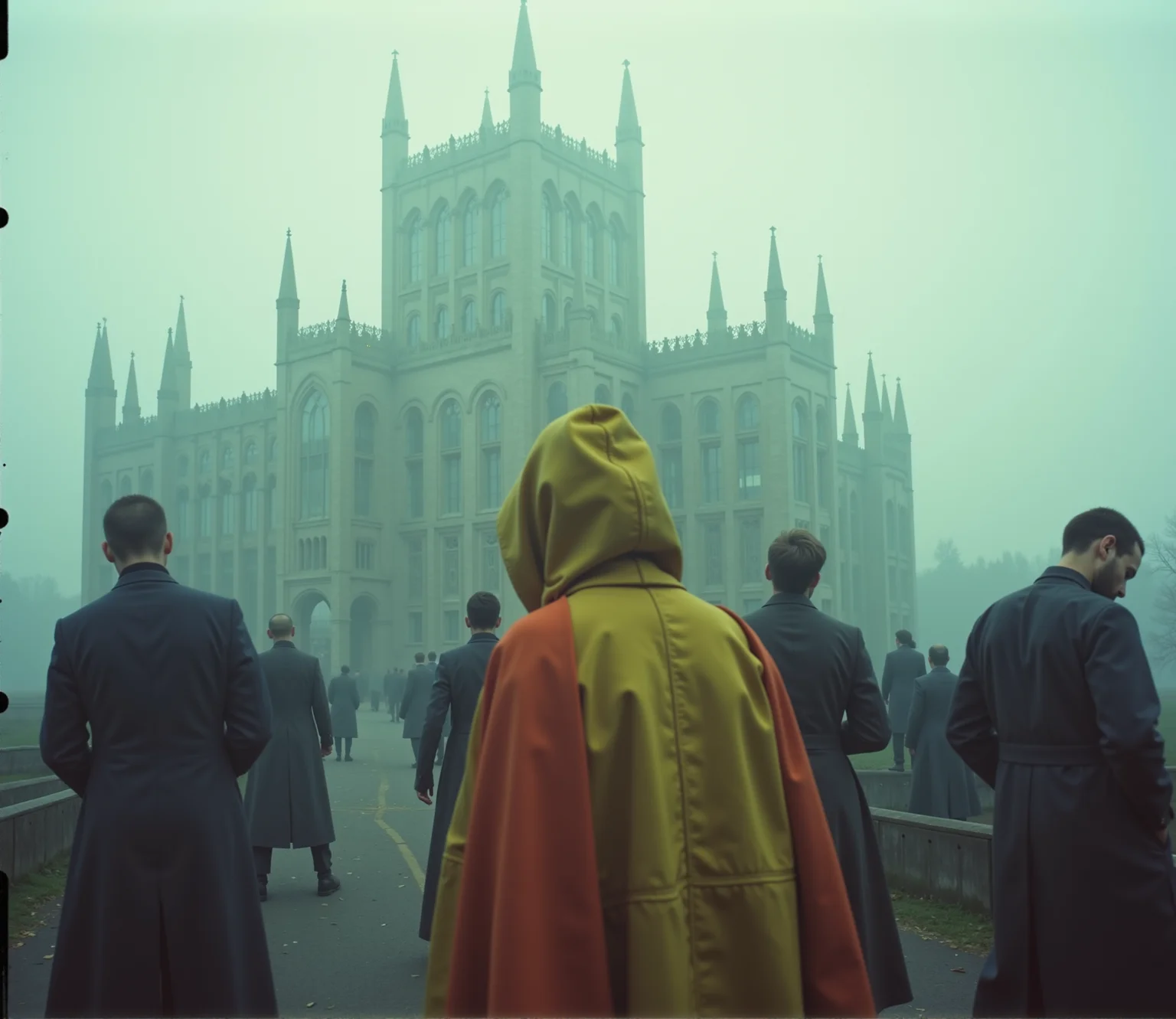 blurry glass fortress in background, analog photography, pale colors, moody ambient, sad energy, mysterious blurry silhouettes in colorful attire in front of the camera <lora:AntiBlur:1.5>