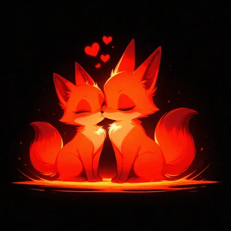 masterpiece, best quality, good quality, very awa, very aesthetic, absurdres, newest, 
BREAK, two feral foxes, cute female foxes, duo, glowing red heart, cute, adorable, fluffy fox tail, noes to noes, noes kiss, 
BREAK, abstract background, dark red background, pink background, haiz_ai, no lineart, no outline, mad-nksktch