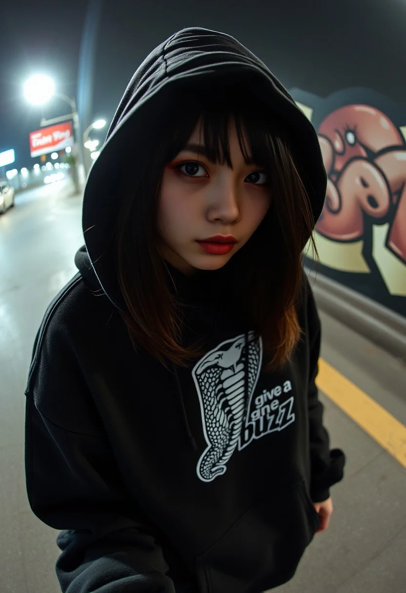18years old, (best quality),(masterpiece),(ultra detailed) raw lighting, harsh flash,score_9, score_8_up, score_7_up, score_6_up,masterpiece, ultra-realistic 8k, (best quality), highly detail, fisheye lens ,standing, sharp,detailed,higher resolution textures, 4k graphic resolution,1girl, solo,asian beautiful girl,upper body,perfect eyes, goth girl,black eyes,shiny skin, medium hair, Red eyeshadow,ultra long eyelashes , upturned eyes ,looking at after,lens flare,beautiful color, detailed, amazing quality raw lighting, harsh flash,detailed, amazing quality ,black sneaker,black baggy pants, wearing a black hoodie that accentuates his don't-care attitude with the graffiti cobra and text “give me buzz” in white, hood up,Red eyeshadow, long eyelashes , upturned eyes,