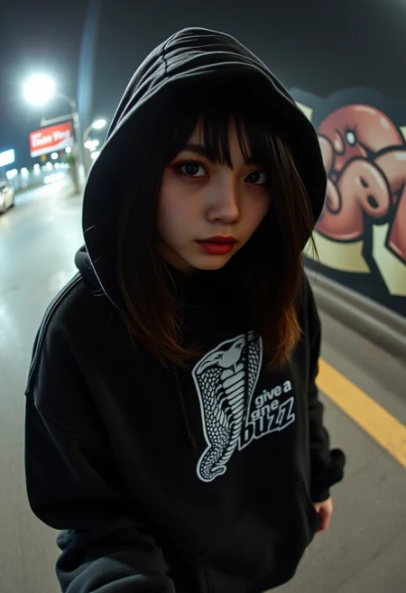 18years old, (best quality),(masterpiece),(ultra detailed) raw lighting, harsh flash,score_9, score_8_up, score_7_up, score_6_up,masterpiece, ultra-realistic 8k, (best quality), highly detail, fisheye lens ,standing, sharp,detailed,higher resolution textures, 4k graphic resolution,1girl, solo,asian beautiful girl,upper body,perfect eyes, goth girl,black eyes,shiny skin, medium hair, Red eyeshadow,ultra long eyelashes , upturned eyes ,looking at after,lens flare,beautiful color, detailed, amazing quality raw lighting, harsh flash,detailed, amazing quality ,black sneaker,black baggy pants, wearing a black hoodie that accentuates his don't-care attitude with the graffiti cobra and text “give me  buzz” in white, hood up,Red eyeshadow, long eyelashes , upturned eyes,