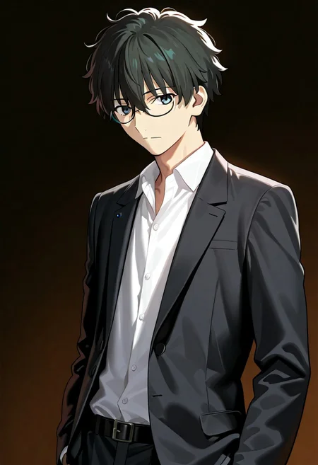 ((masterpiece, best quality, amazing quality, very aesthetic, absurdres)),
Takeuchi takashi, ((solo)), ((detailed eyes)), calm, closed mouth, 1boy, solo, peaceful, closed mouth,(((oreki_houtarou))), (((black hair, black hair, grey eyes))), ((glasses)), ((short hair, hair between eyes)), (((black suit, open suit, white shirt, collared shirt, black slacks))), no background, dark background, cowboy shot, dark background, portrait, looking at viewer