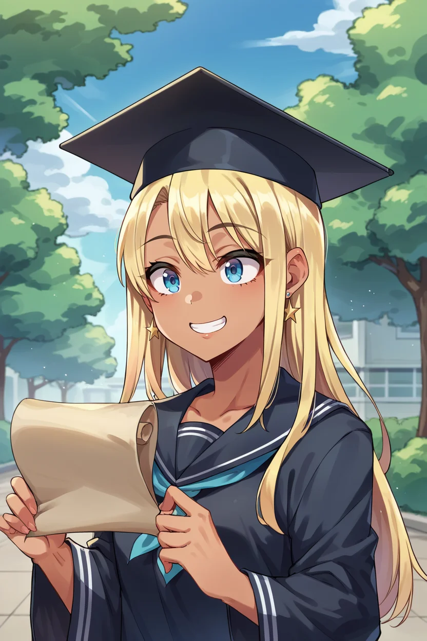 score_9, score_8_up, score_7_up, score_6_up, source_anime BREAK 1girl, <lora:yoshidasaki-pdxl-nvwls-v1-000006:1> altSaki, blue eyes, blonde hair, long hair, earrings, tan, graduation cap, black robes, happy, podium, outdoors, holding scroll of paper, blue sky