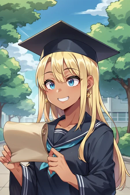 score_9, score_8_up, score_7_up, score_6_up, source_anime BREAK 1girl, <lora:yoshidasaki-pdxl-nvwls-v1-000006:1> altSaki, blue eyes, blonde hair, long hair, earrings, tan, graduation cap, black robes, happy, podium, outdoors, holding scroll of paper, blue sky