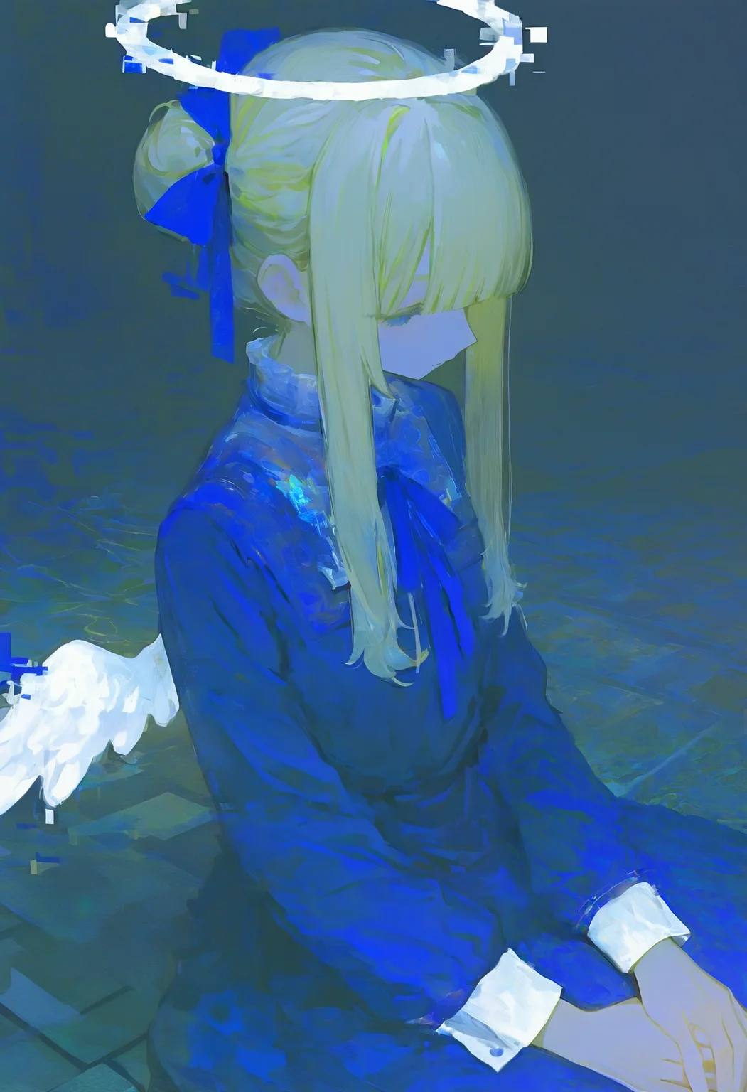 <lora:MF9fMTFYeA==-noobaiXLNAIXL_epsilonPred_V110_V1-CAME>, MF9f, 1girl, solo, halo, blonde hair, dress, blue dress, angel wings, blue ribbon, long sleeves, blue eyes, white wings, blunt bangs, sitting, long hair, sidelocks, closed mouth, hair bun, own hands together, hair ribbon, neck ribbon, looking down, glitch, expressionless