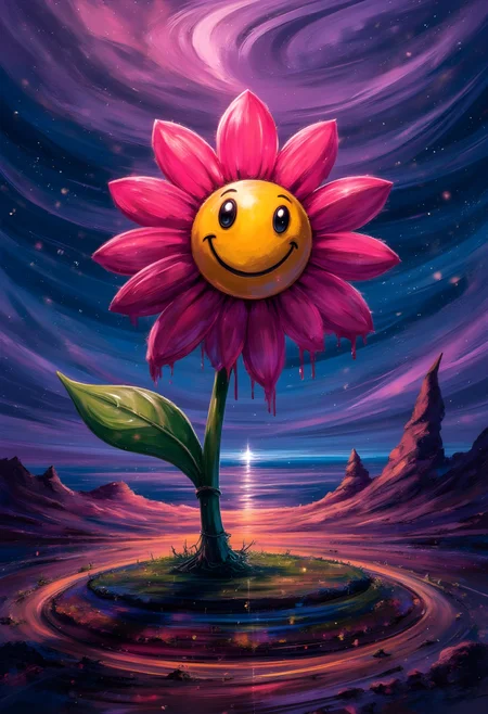 cinna flow, acid smiley flower toon looming over the end of the world, neon, dystopian, dripping paint, photorealistic, cinematic lighting, concept art, octane render, unreal engine 5, Very detailed, vibrant colors