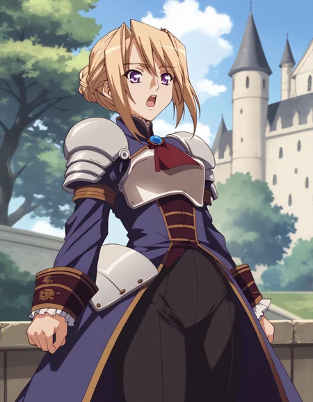 score_9, score_8_up, score_7_up, <lora:sylvia-ponyxl:0.95> hossen, high collar, ascot, breastplate, pauldrons, blue sleeves, open dress, black pantyhose
1girl, solo, open mouth, furrowed brow, outdoors, castle, contrapposto, cowboy shot