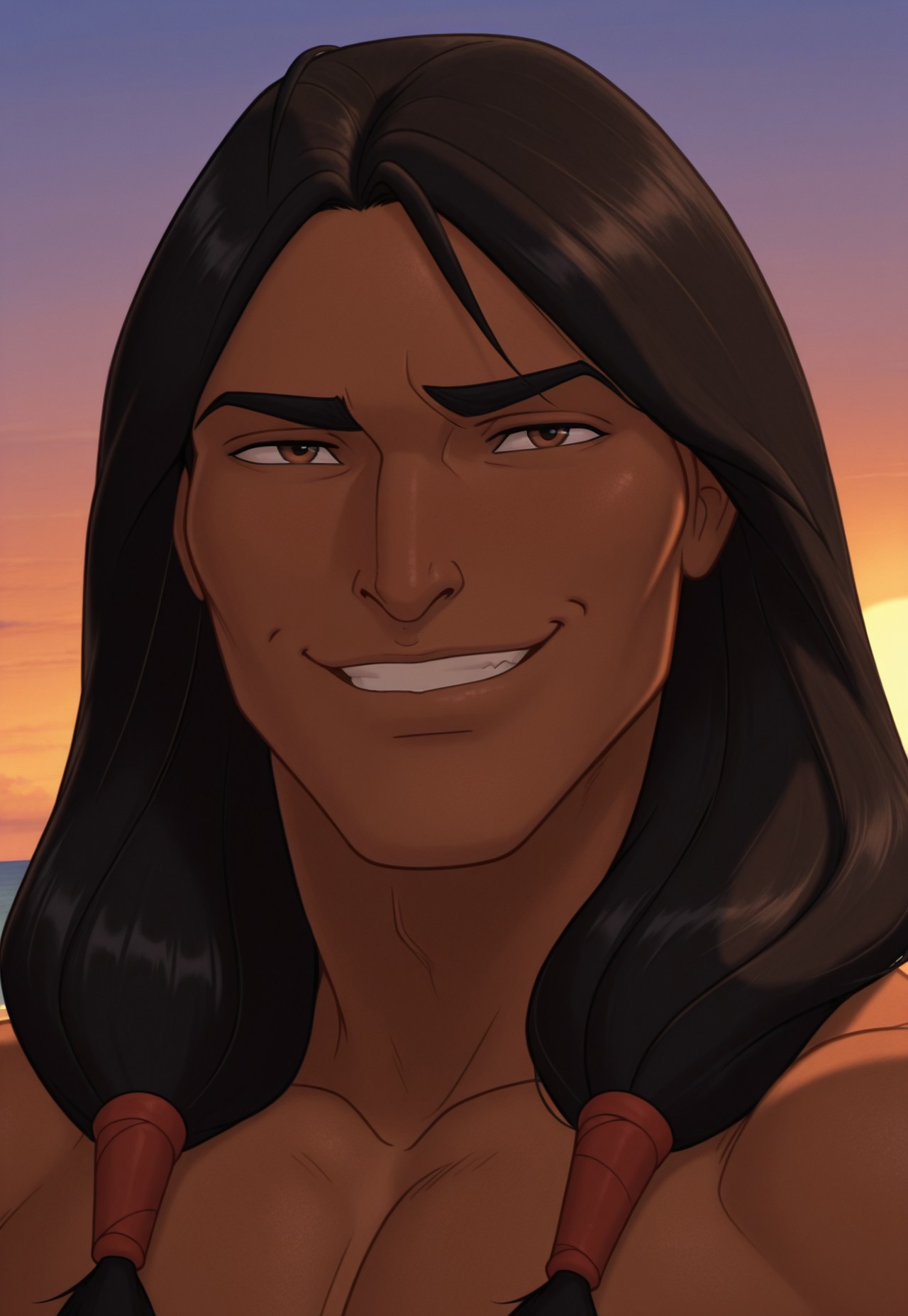 solo, masterpiece, detailed, ultra hd, best quality, 1boy, male, official art, w0lfc0nf, modern, new, masculine face, daddy looking face

SpiritLittleCreek, black hair, dark skin, topless male, portrait, looking at viewer, smiling, sunrise
